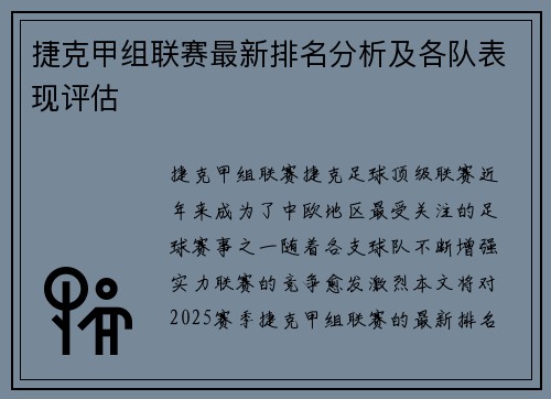 捷克甲组联赛最新排名分析及各队表现评估