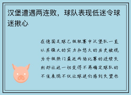汉堡遭遇两连败，球队表现低迷令球迷揪心
