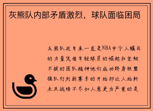 灰熊队内部矛盾激烈，球队面临困局