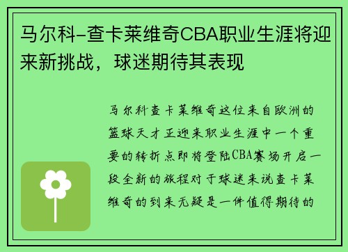 马尔科-查卡莱维奇CBA职业生涯将迎来新挑战，球迷期待其表现